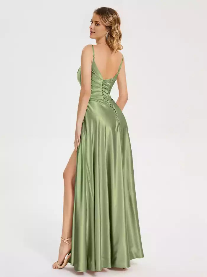 Spaghetti Strap V neck Pleated Soft Satin Prom Dress with Slit