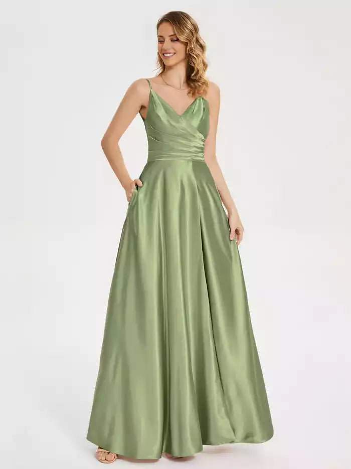 Spaghetti Strap V neck Pleated Soft Satin Prom Dress with Slit