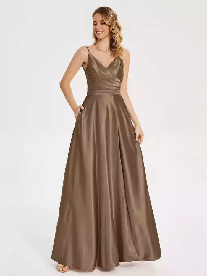 Spaghetti Strap V neck Pleated Soft Satin Prom Dress with Slit