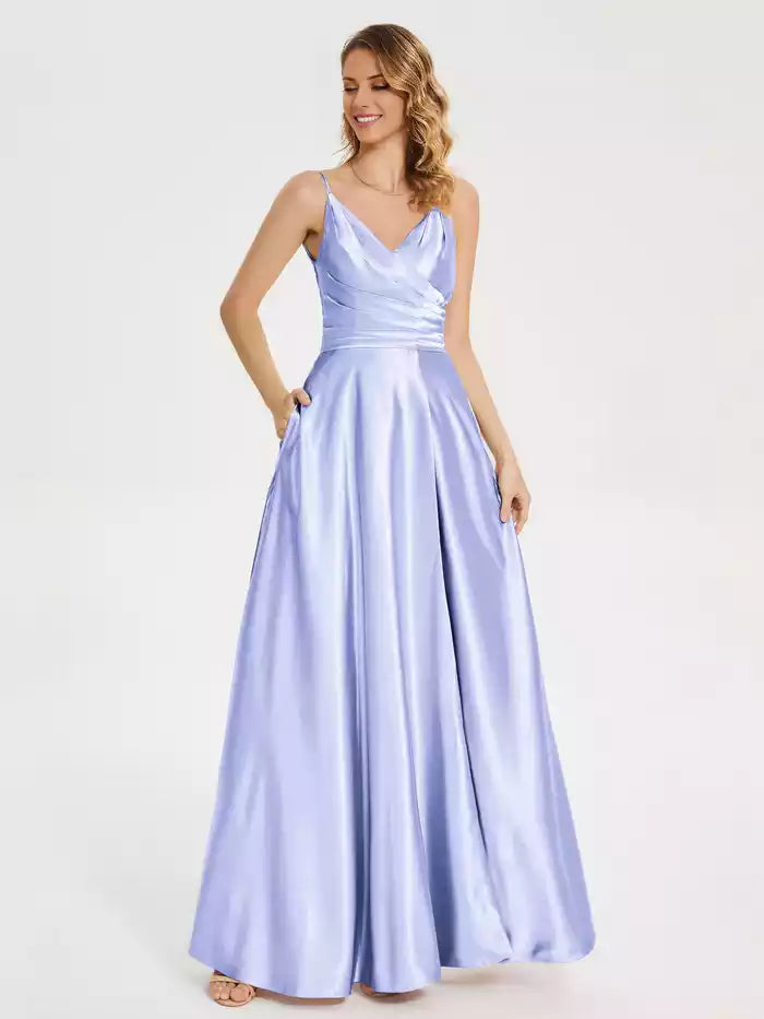 Spaghetti Strap V neck Pleated Soft Satin Prom Dress with Slit