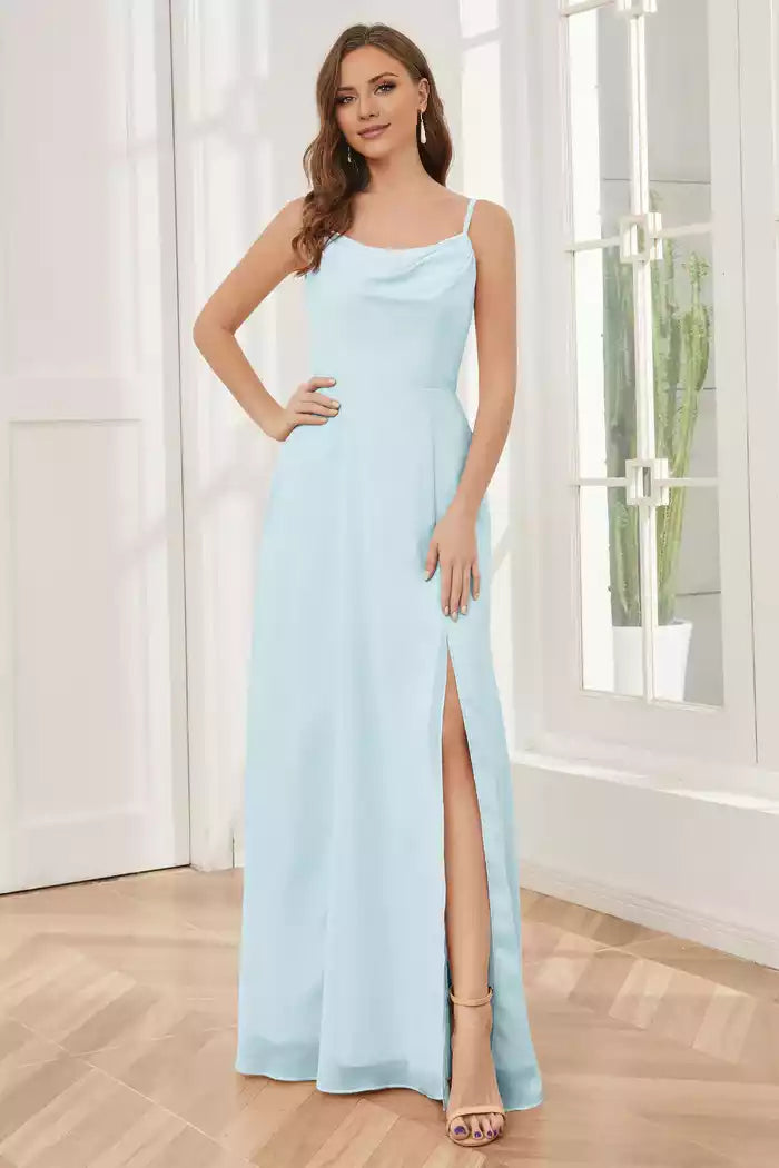 Spaghetti Straps Chiffon Split Fork Bridesmaid Dresses