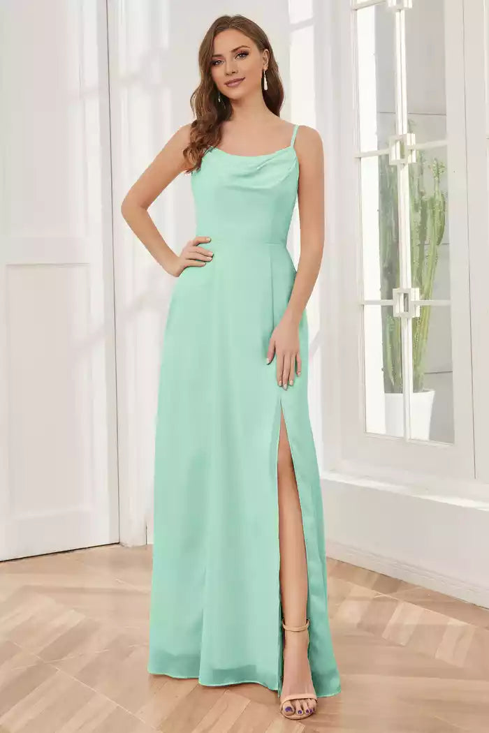 Spaghetti Straps Chiffon Split Fork Bridesmaid Dresses