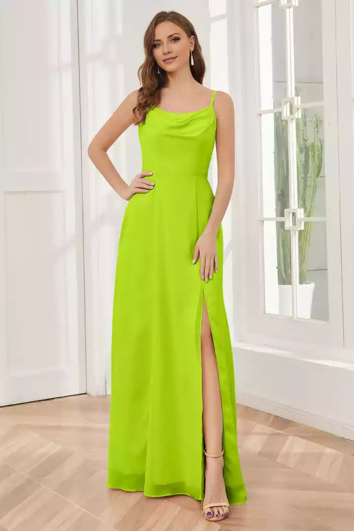 Spaghetti Straps Chiffon Split Fork Bridesmaid Dresses