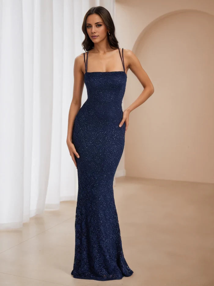 Spaghetti Straps Dress Dark Navy Square Neckline Prom Dresses