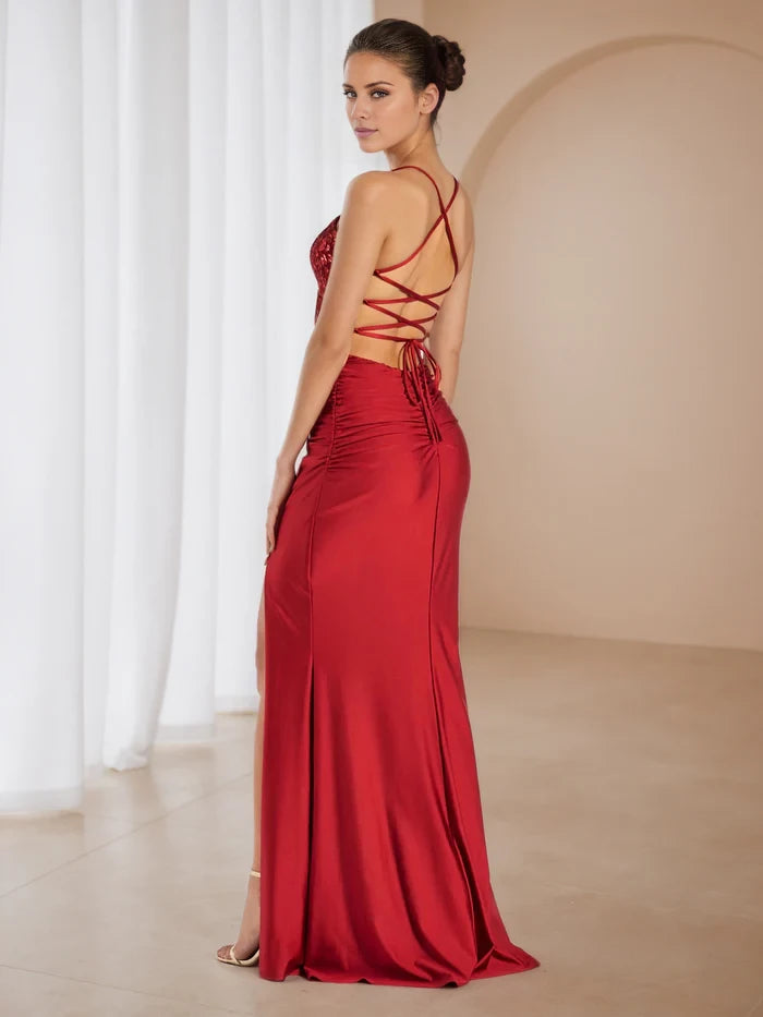 Spaghetti Straps Dress Red Sweep Brush Train Lace Appliques Prom Dresses