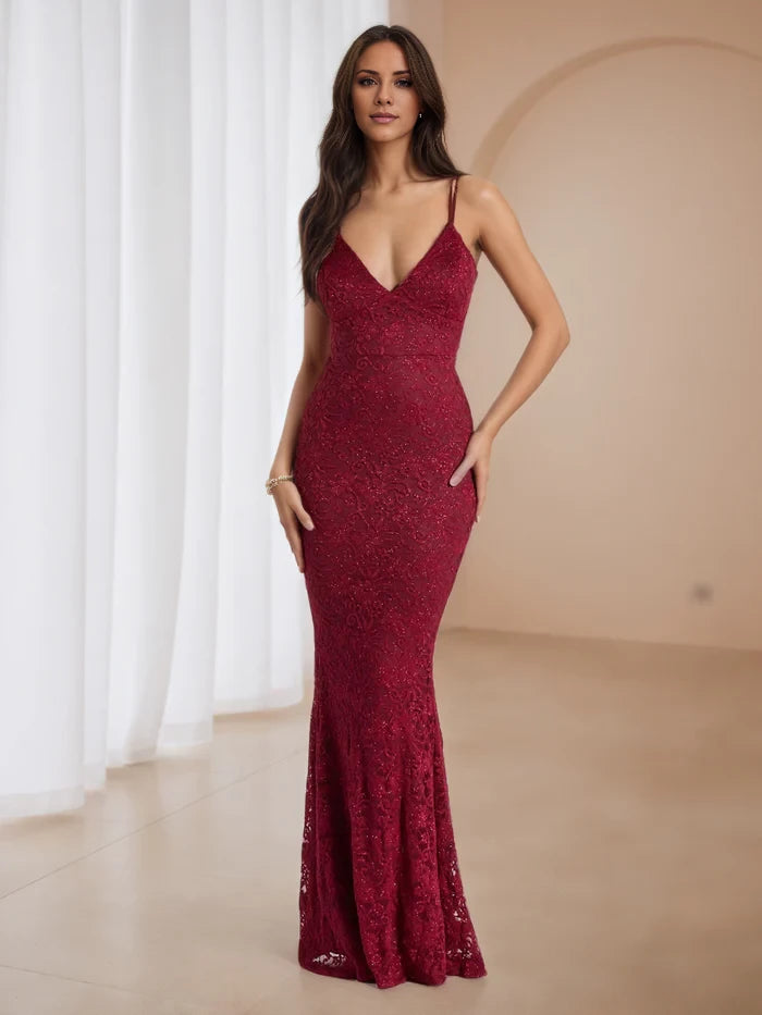 Spaghetti Straps Glitter Burgundy V-Neck Prom Dresses