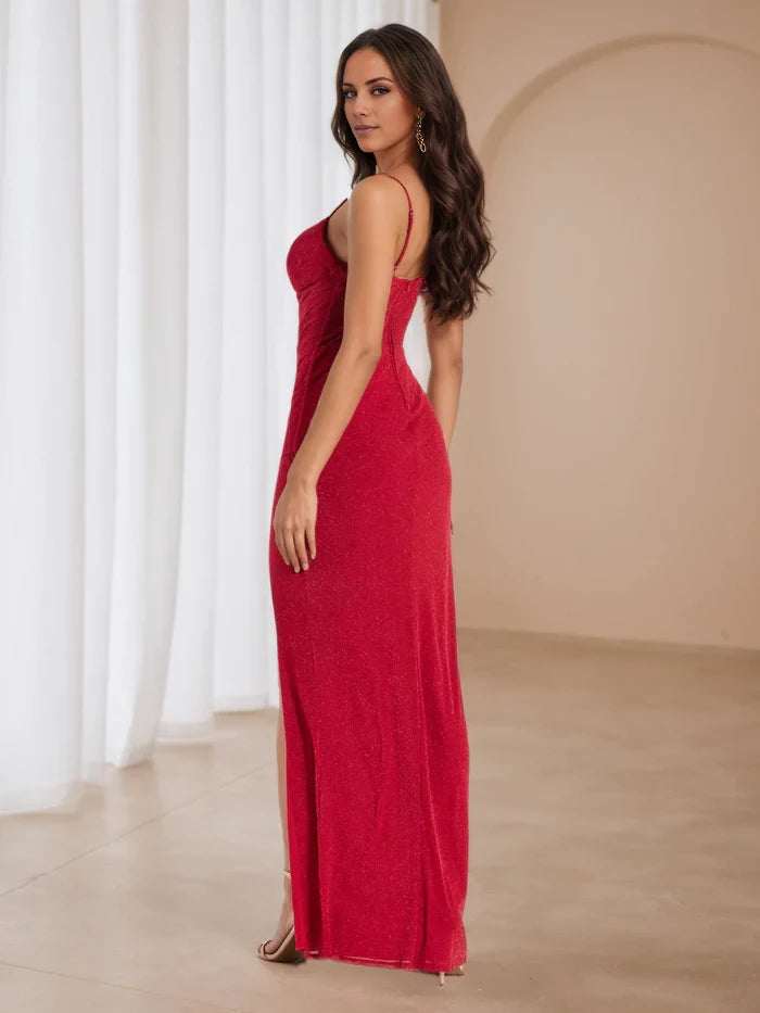 Spaghetti Straps Glitter Red Dress Sheath Column Prom Dresses
