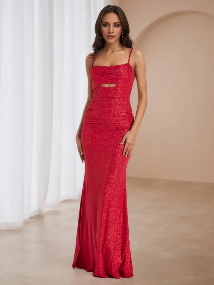 Spaghetti Straps Red Cut Out Prom Dresses