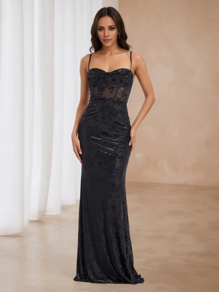 Spaghetti Straps Sequins Black Trumpet Mermaid Prom Dresses