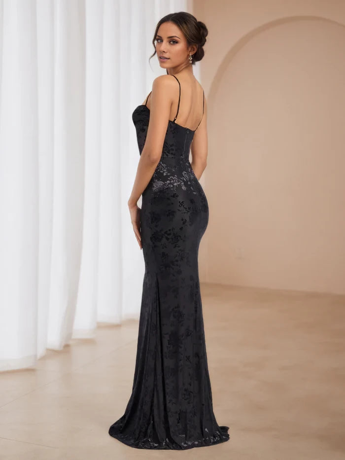 Spaghetti Straps Sequins Black Trumpet Mermaid Prom Dresses