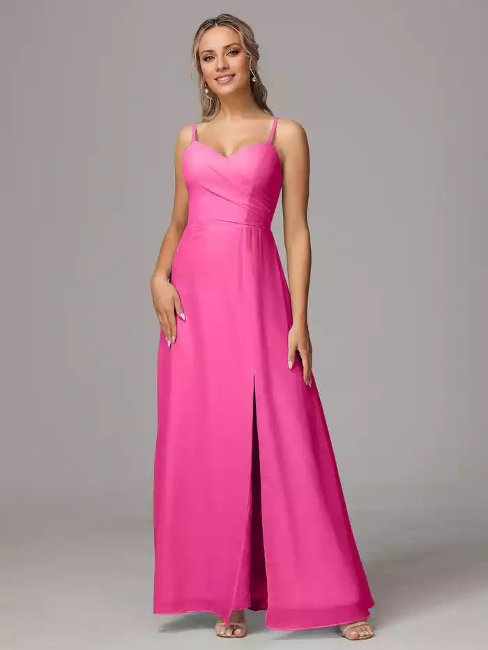 Spaghetti Straps Sweetheart Chiffon  With Slit Bridesmaid Dress
