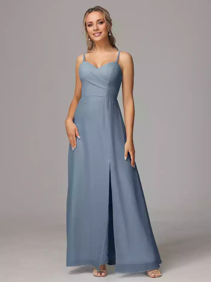Spaghetti Straps Sweetheart Chiffon  With Slit Bridesmaid Dress
