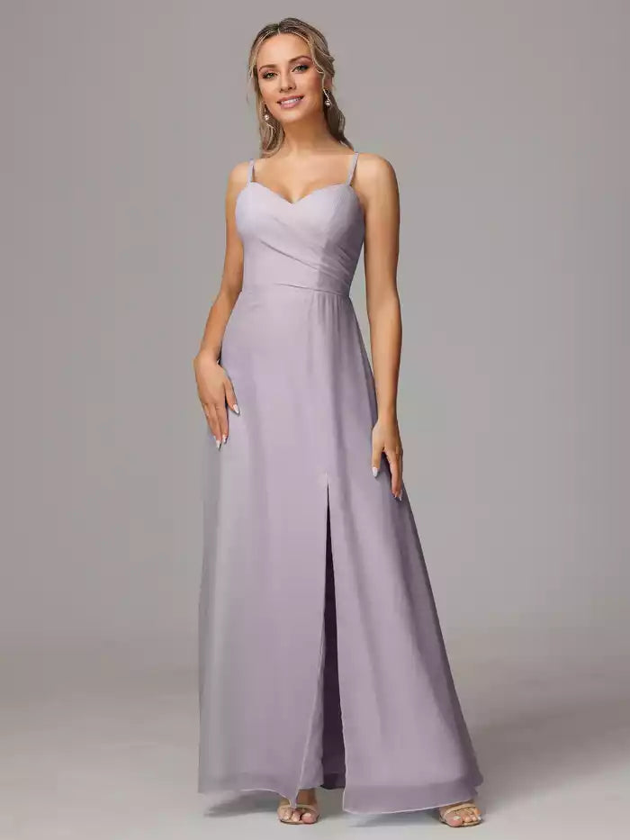 Spaghetti Straps Sweetheart Chiffon  With Slit Bridesmaid Dress