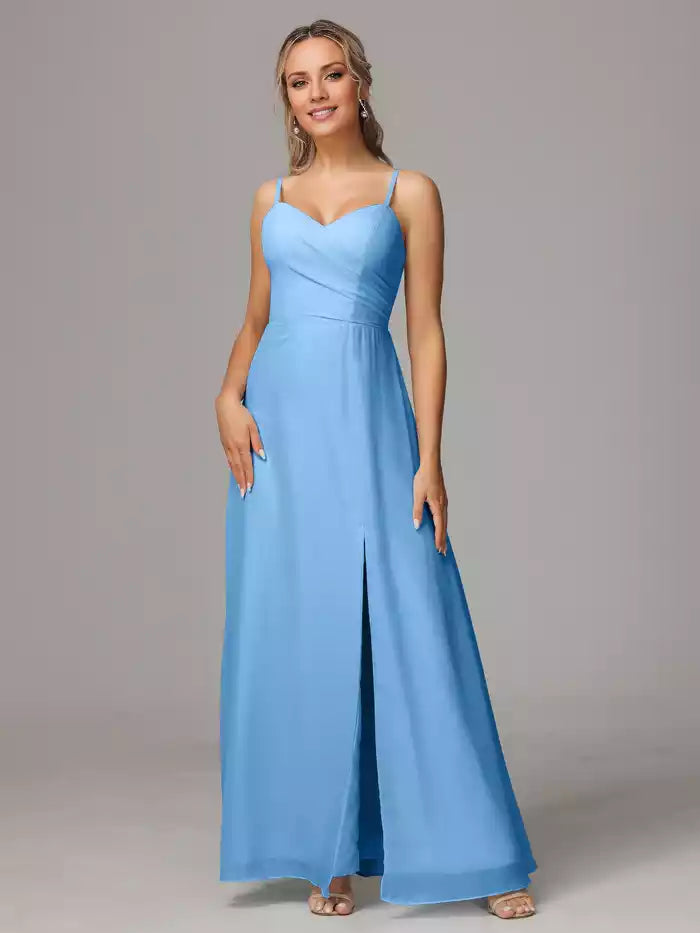 Spaghetti Straps Sweetheart Chiffon  With Slit Bridesmaid Dress