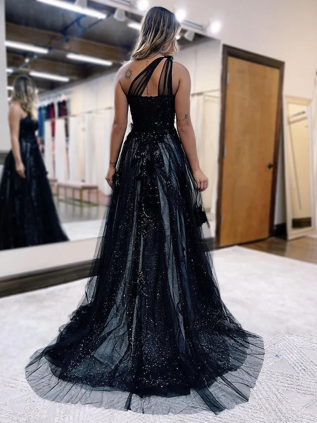 Sparkle A-Line/Princess One-Shoulder Back Zip Floor-length Evening Dress