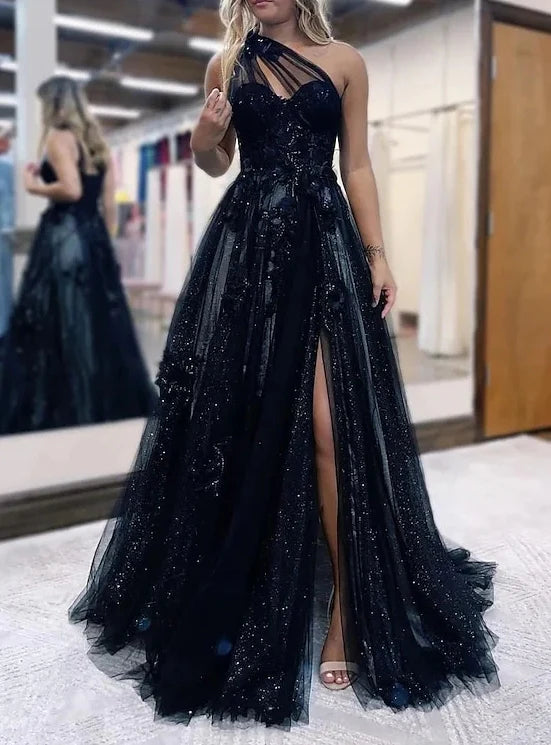 Sparkle A-Line/Princess One-Shoulder Back Zip Floor-length Evening Dress