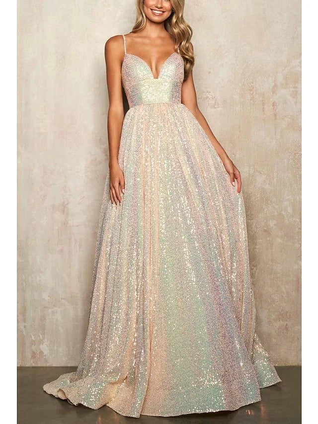 Sparkle A-Line/Princess Spaghetti Straps Crisscross Back  Floor-Length Prom Dresses