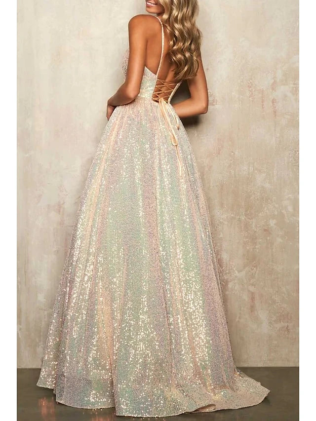 Sparkle A-Line/Princess Spaghetti Straps Crisscross Back  Floor-Length Prom Dresses