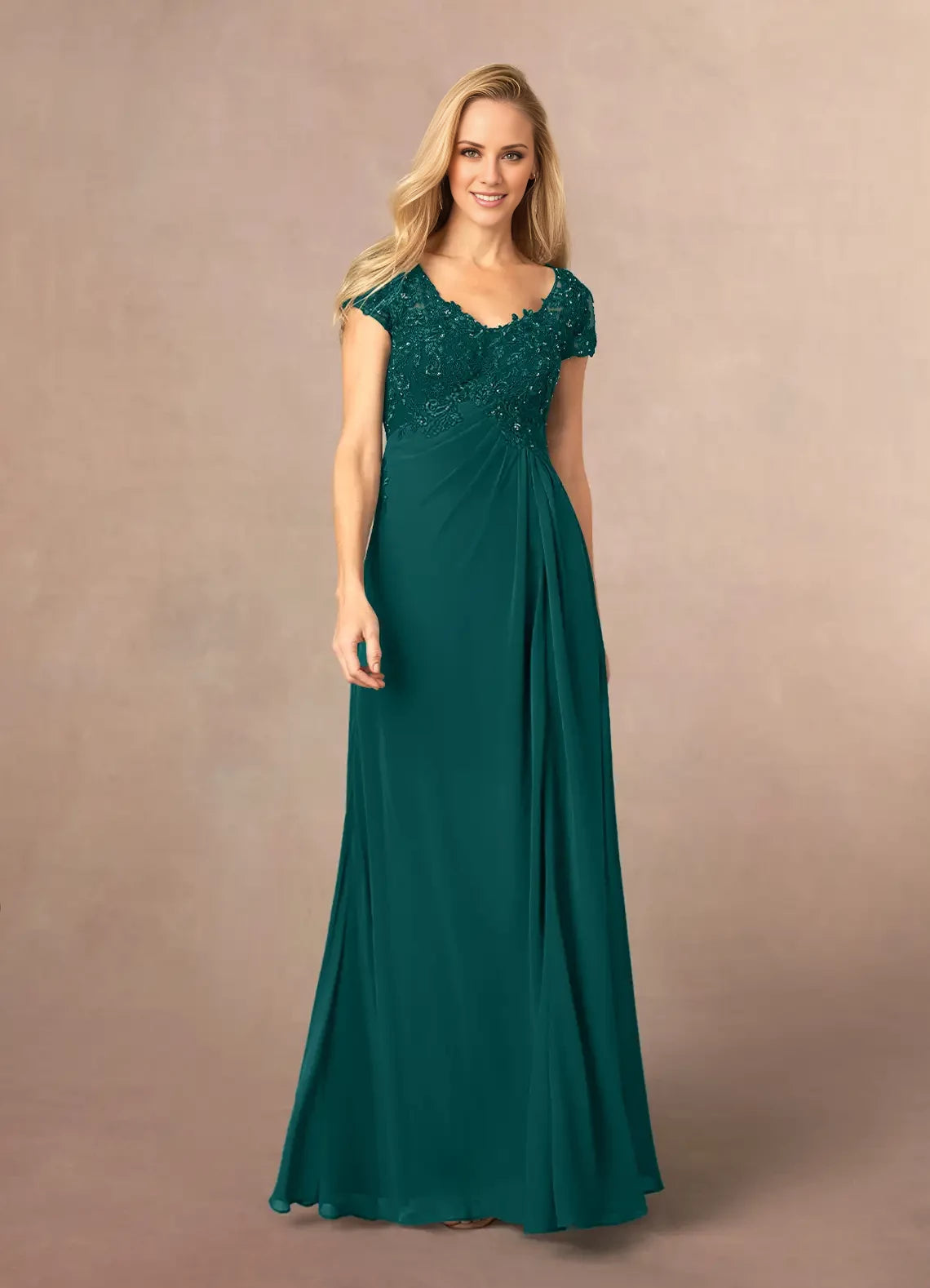 Sparkle A-Line V Neck Short Sleeve Back Zip Floor-Length Mother of the Bride Dress