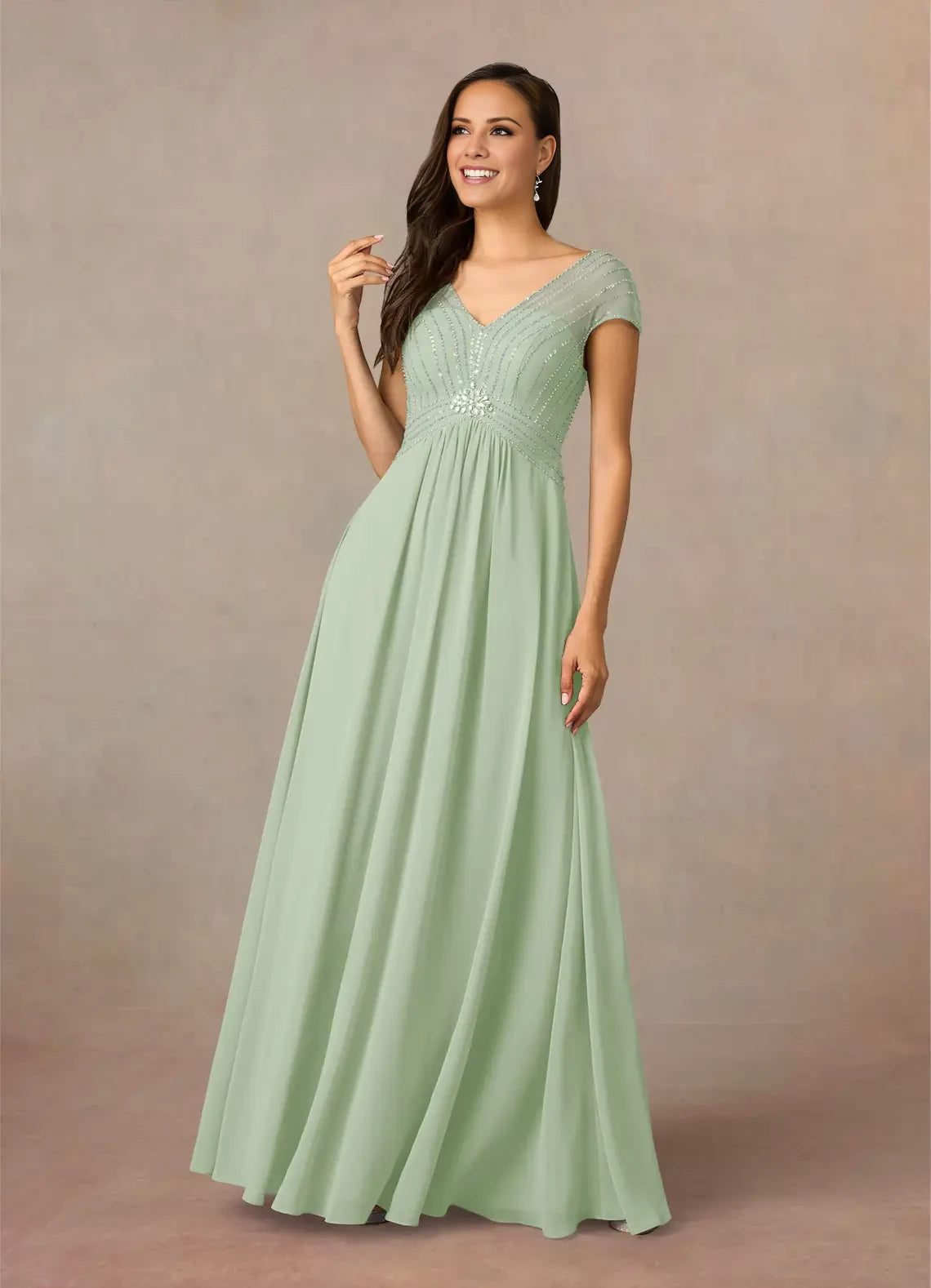 Sparkle A-Line V Neck Short Sleeve Back Zip Floor-Length Mother of the Bride Dress