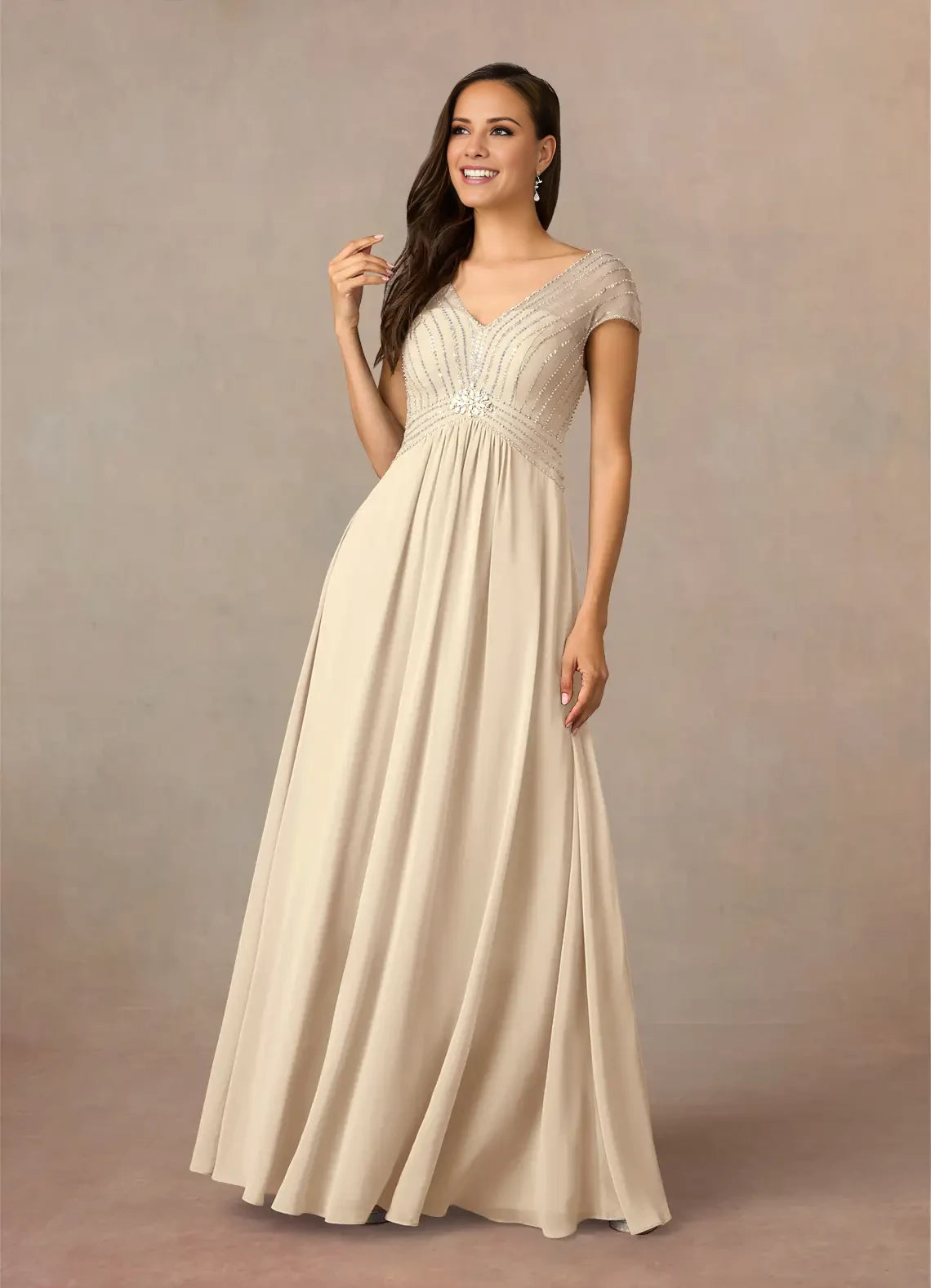 Sparkle A-Line V Neck Short Sleeve Back Zip Floor-Length Mother of the Bride Dress
