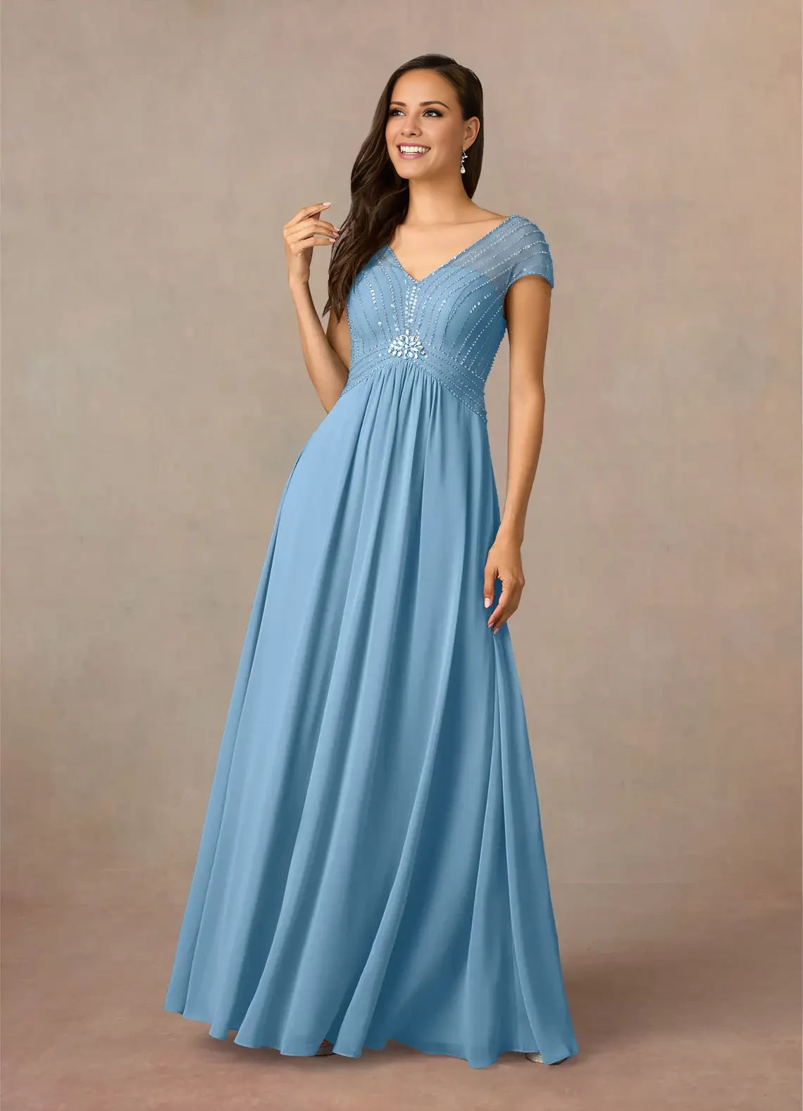 Sparkle A-Line V Neck Short Sleeve Back Zip Floor-Length Mother of the Bride Dress
