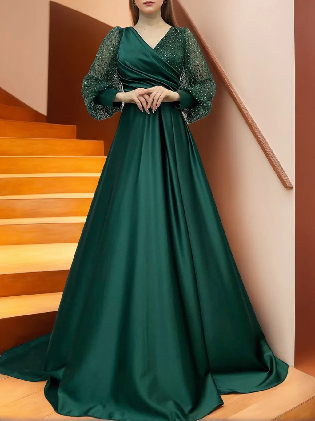 Sparkle A Line/Princess V-Neck Long Sleeves Floor Length Back Zip Evening Dress