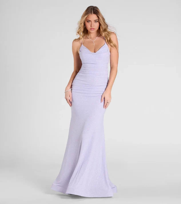 Sparkle Mermaid V Neck Spaghetti Straps Crisscross Back Floor-Length Bridesmaid Dress