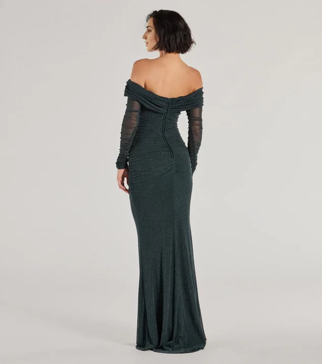 Sparkle Off the Shoulder Sheath Long Sleeve Back Zip Floor-Length Bridesmaid Dress