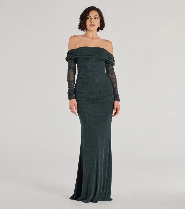 Sparkle Off the Shoulder Sheath Long Sleeve Back Zip Floor-Length Bridesmaid Dress