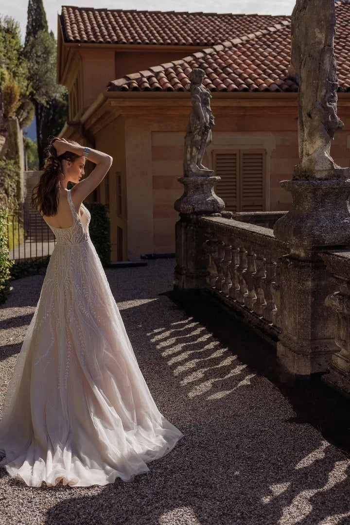 Sparkle Tulle A-Line Gown with Square Neckline and V-Side Cutouts Wedding Dresses
