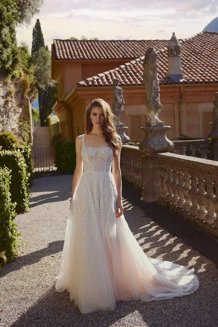 Sparkle Tulle A-Line Gown with Square Neckline and V-Side Cutouts Wedding Dresses