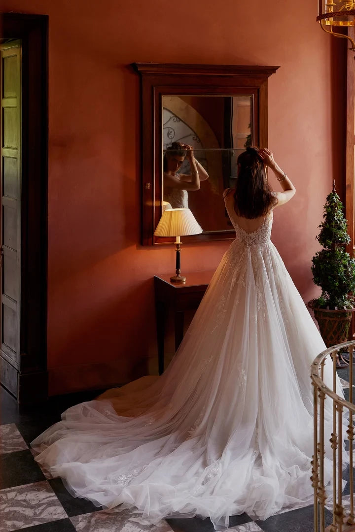 Sparkle Tulle Ball Gown with Cap Sleeves and V-Back Wedding Dresses