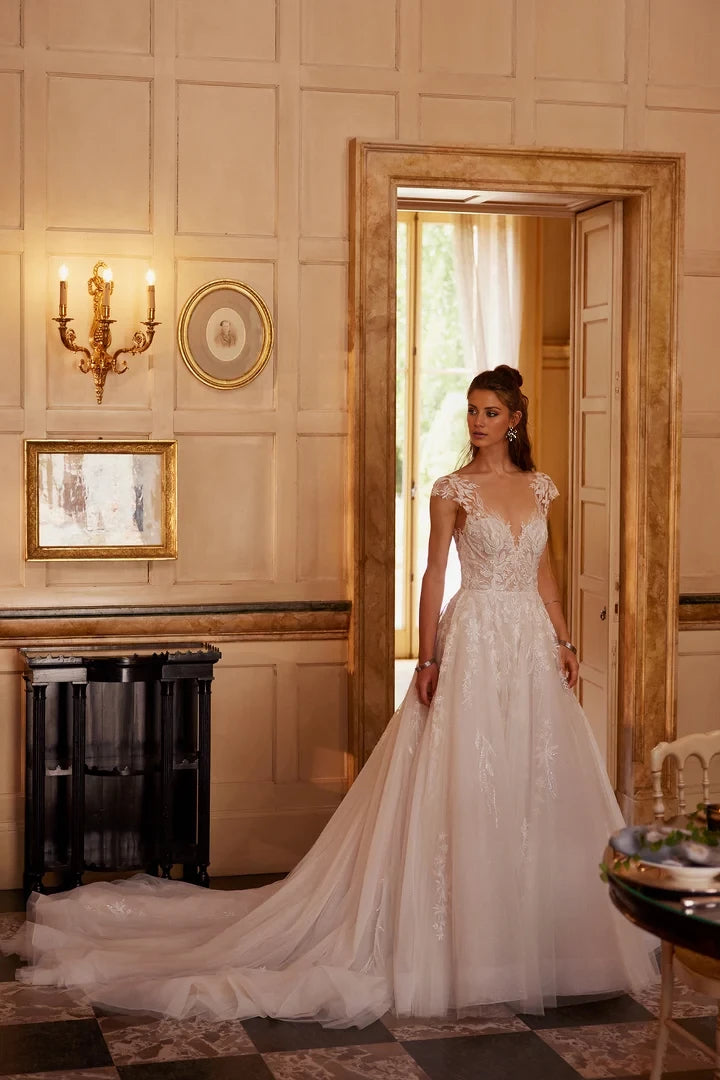 Sparkle Tulle Ball Gown with Cap Sleeves and V-Back Wedding Dresses