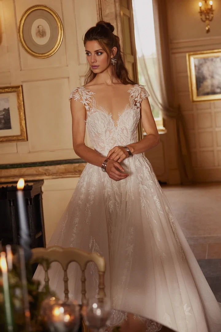 Sparkle Tulle Ball Gown with Cap Sleeves and V-Back Wedding Dresses