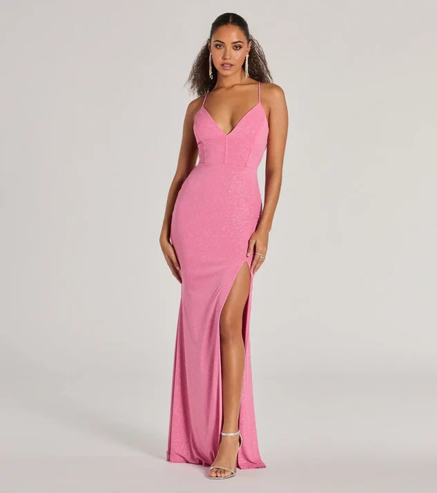 Sparkle V Neck Spaghetti Straps Sheath Crisscross Back Floor-Length Side Slit Bridesmaid Dress