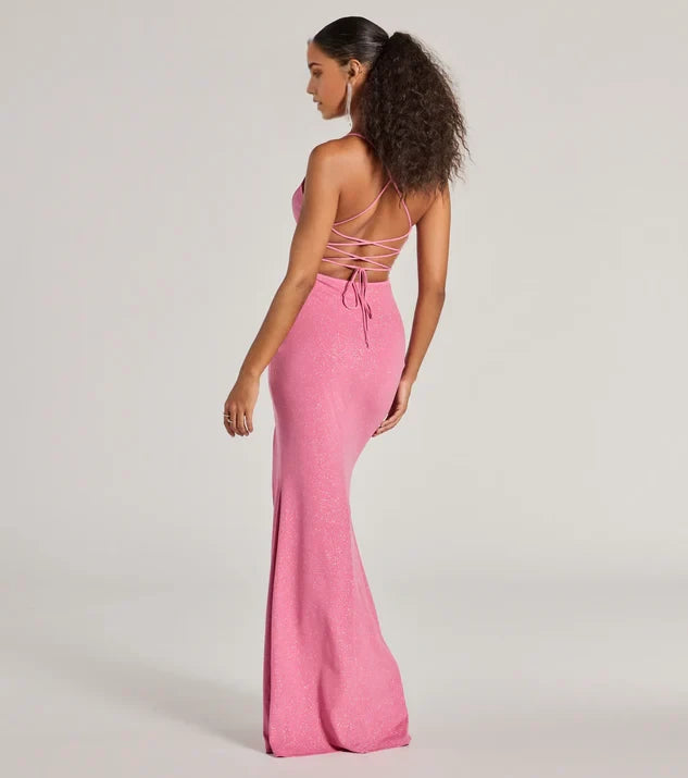 Sparkle V Neck Spaghetti Straps Sheath Crisscross Back Floor-Length Side Slit Bridesmaid Dress