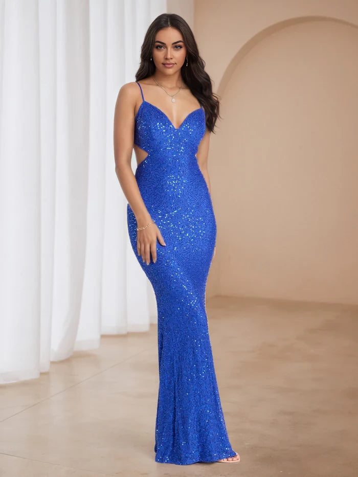 Sparkling Mermaid V - Neck Sleeveless Cut - Out Back Floor Length Prom Dresses