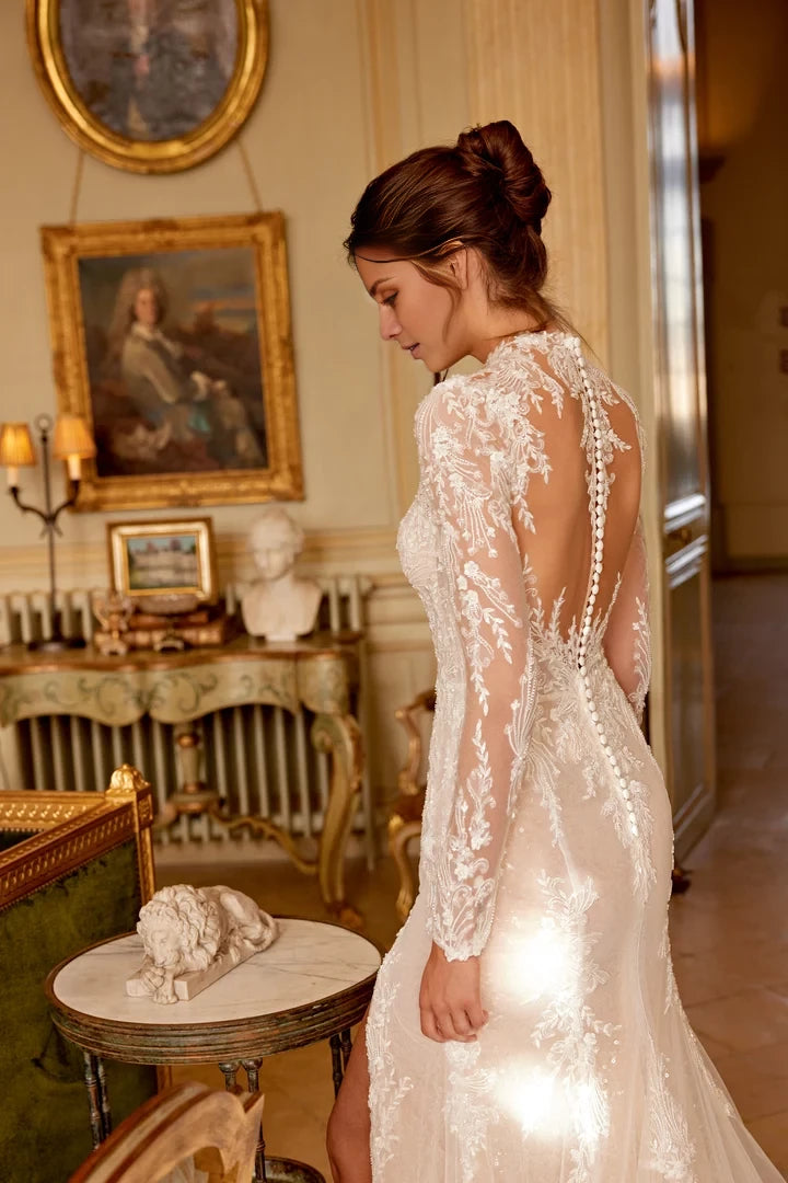 Sparkling Fit and Flare Gown with Jewel Neck and Illusion Back Wedding Dresses
