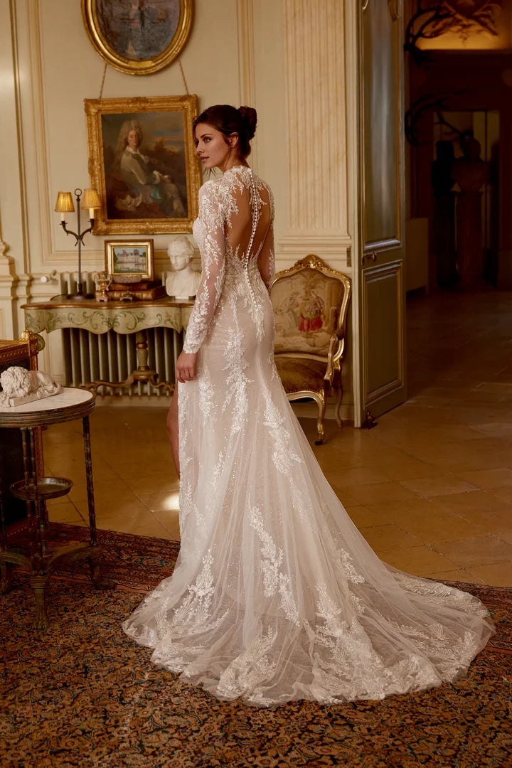 Sparkling Fit and Flare Gown with Jewel Neck and Illusion Back Wedding Dresses
