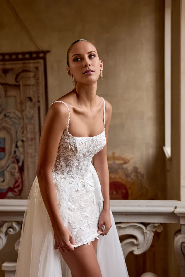 Sparkling Fitted Mini Dress with Square Neckline and Beaded Straps Wedding Dresses