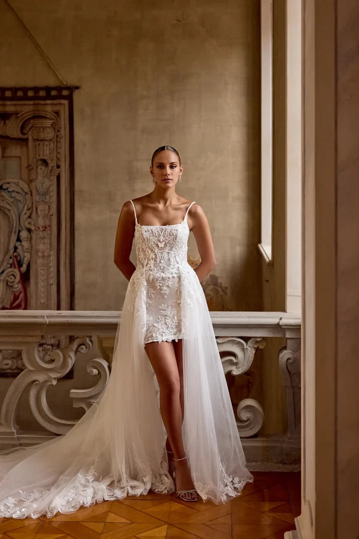 Sparkling Fitted Mini Dress with Square Neckline and Beaded Straps Wedding Dresses