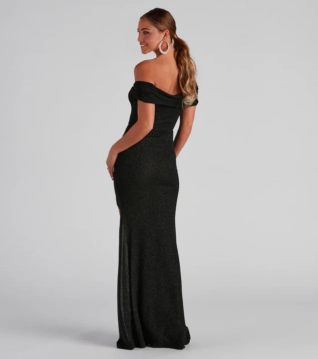 Sparkling Glitter Off the Shoulder Sheath Sleeveless Floor-Length Side Slit Bridesmaid Dress