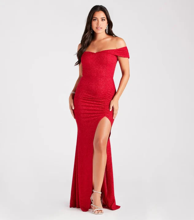 Sparkling Glitter Off the Shoulder Sheath Sleeveless Floor-Length Side Slit Bridesmaid Dress