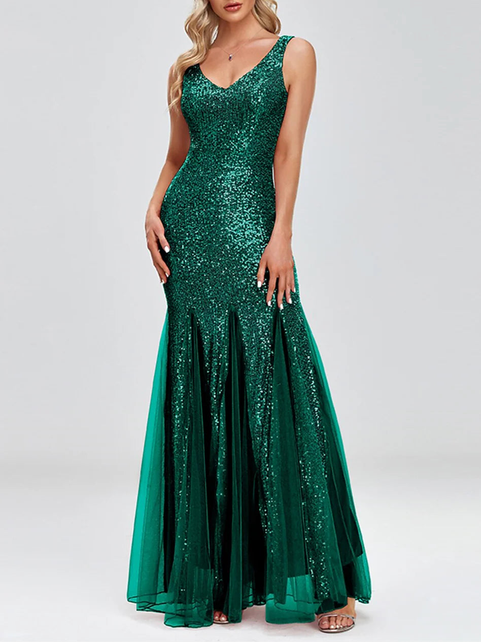 Sparkling Glitter Trumpet/Mermaid Sleeveless V-Neck Floor-Length Evening Dresses