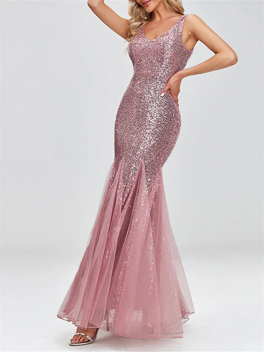 Sparkling Glitter Trumpet/Mermaid Sleeveless V-Neck Floor-Length Evening Dresses