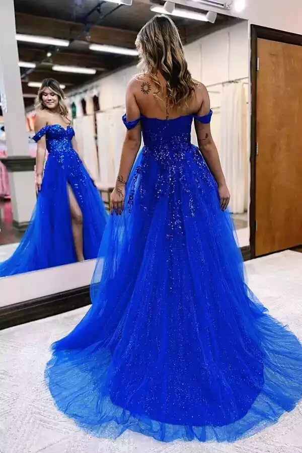 Sparkling Royal Blue Off-the-Shoulder Tulle Gown with Thigh-High Slit