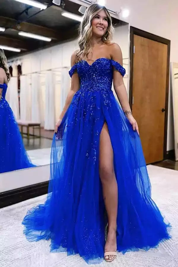 Sparkling Royal Blue Off-the-Shoulder Tulle Gown with Thigh-High Slit
