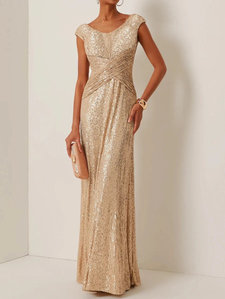 Sparkling Sequin V-Neck Cap Sleeve Ruched Waist Mermaid Floor-Length Formal Evening Dresses