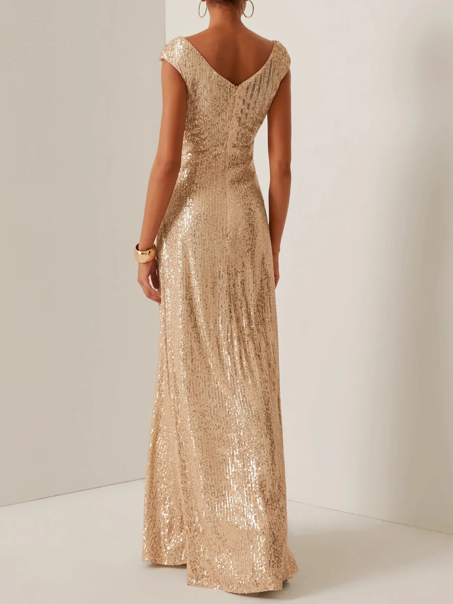 Sparkling Sequin V-Neck Cap Sleeve Ruched Waist Mermaid Floor-Length Formal Evening Dresses